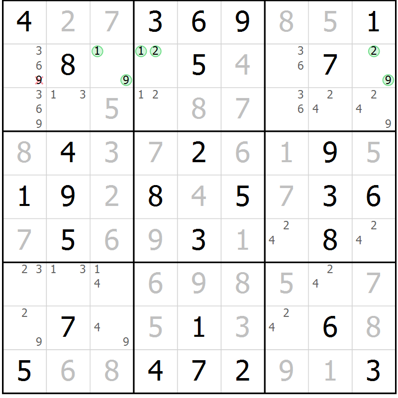 Position des candidats pour la solution de la Gr 49 page 52 du magazine de sudoku Giga sudoku niv 6-8 n° 024