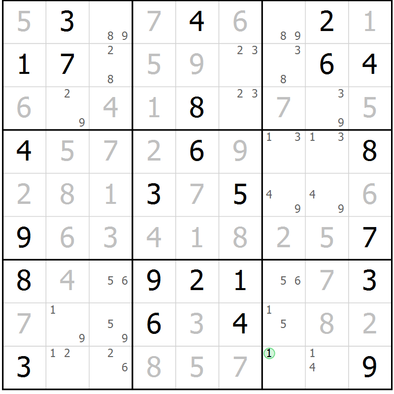 Position des candidats pour la solution de la Gr 51 page 54 du magazine de sudoku Giga sudoku niv 6-8 n° 024