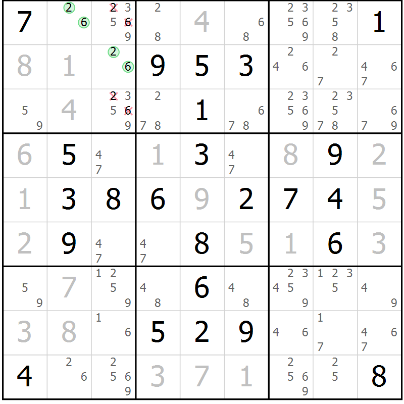 Position des candidats pour la solution de la Gr 52 page 55 du magazine de sudoku Giga sudoku niv 6-8 n° 024