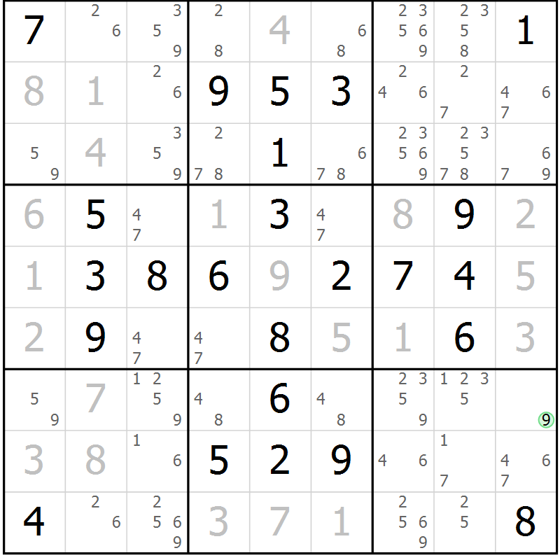 Position des candidats pour la solution de la Gr 52 page 55 du magazine de sudoku Giga sudoku niv 6-8 n° 024
