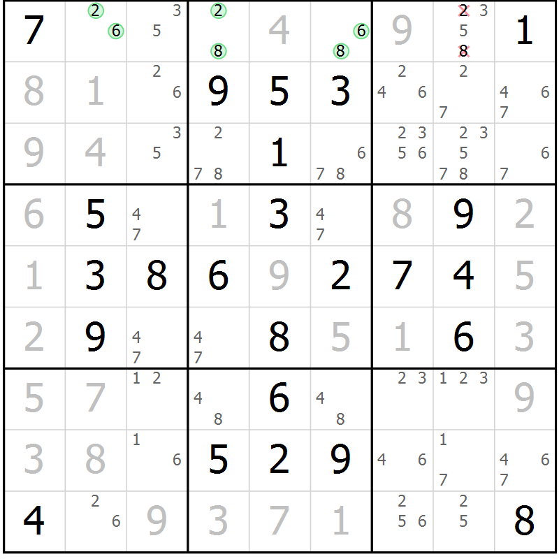 Position des candidats pour la solution de la Gr 52 page 55 du magazine de sudoku Giga sudoku niv 6-8 n° 024