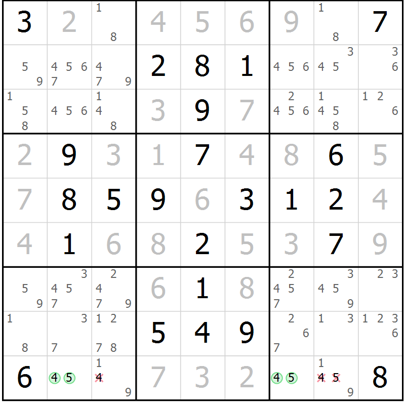Position des candidats pour la solution de la Gr 53 page 56 du magazine de sudoku Giga sudoku niv 6-8 n° 024