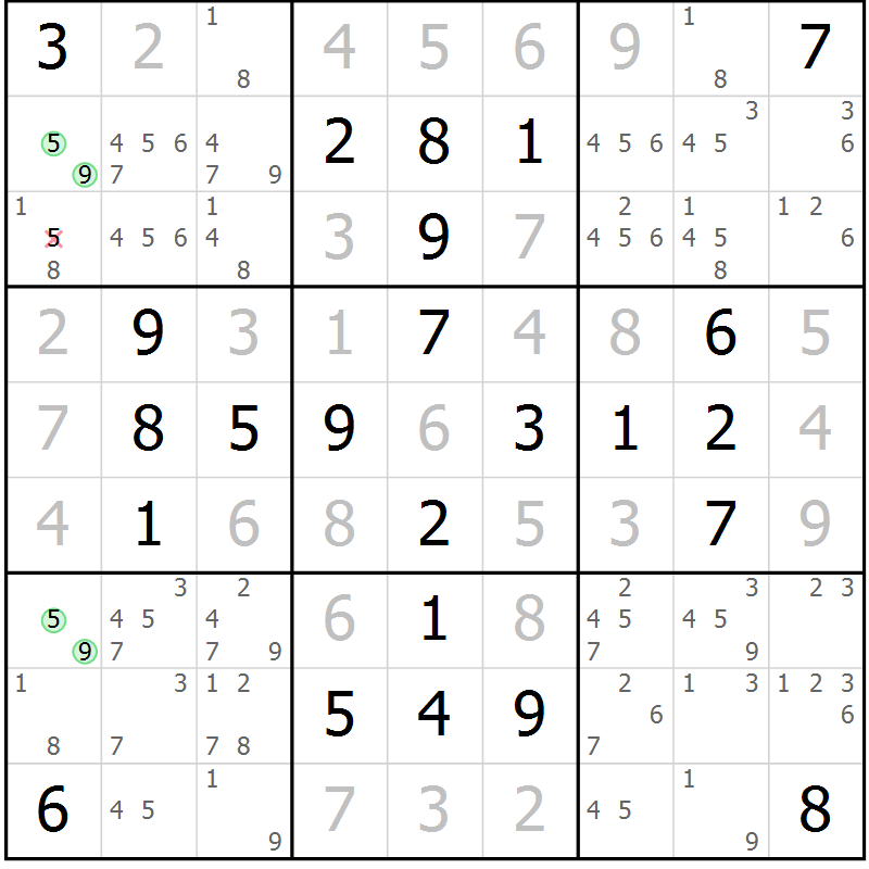 Position des candidats pour la solution de la Gr 53 page 56 du magazine de sudoku Giga sudoku niv 6-8 n° 024