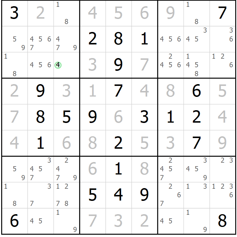 Position des candidats pour la solution de la Gr 53 page 56 du magazine de sudoku Giga sudoku niv 6-8 n° 024