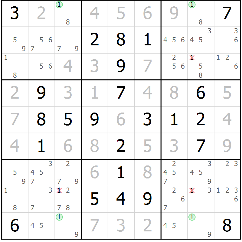 Position des candidats pour la solution de la Gr 53 page 56 du magazine de sudoku Giga sudoku niv 6-8 n° 024