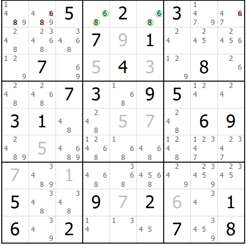 Position des candidats pour la solution de la Gr 54 page 57 du magazine de sudoku Giga sudoku niv 6-8 n° 024