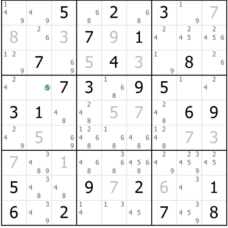 Position des candidats pour la solution de la Gr 54 page 57 du magazine de sudoku Giga sudoku niv 6-8 n° 024