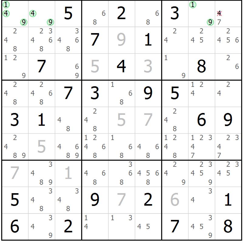 Position des candidats pour la solution de la Gr 54 page 57 du magazine de sudoku Giga sudoku niv 6-8 n° 024
