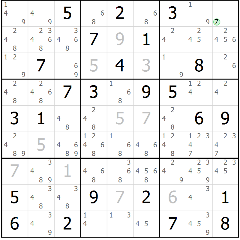 Position des candidats pour la solution de la Gr 54 page 57 du magazine de sudoku Giga sudoku niv 6-8 n° 024