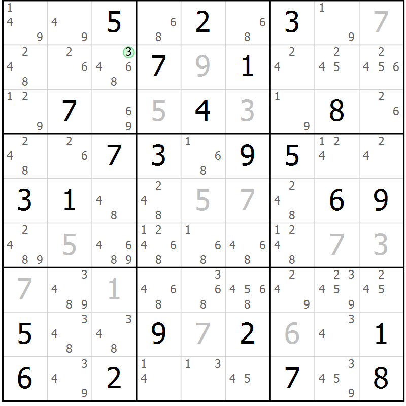 Position des candidats pour la solution de la Gr 54 page 57 du magazine de sudoku Giga sudoku niv 6-8 n° 024
