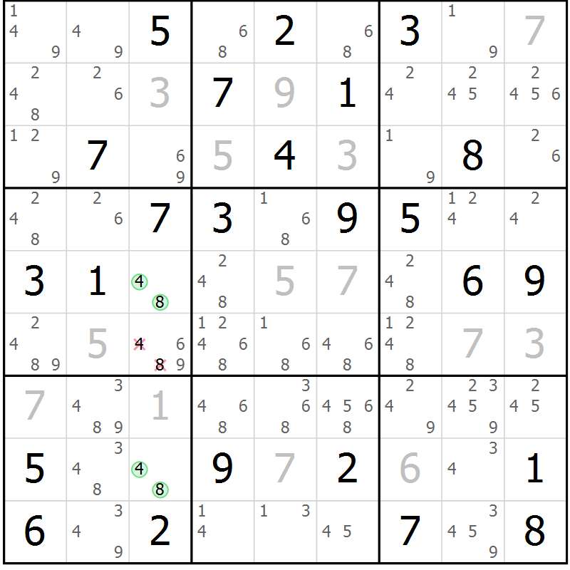 Position des candidats pour la solution de la Gr 54 page 57 du magazine de sudoku Giga sudoku niv 6-8 n° 024