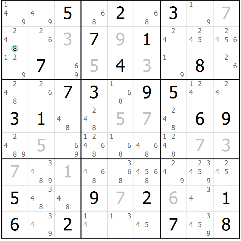 Position des candidats pour la solution de la Gr 54 page 57 du magazine de sudoku Giga sudoku niv 6-8 n° 024