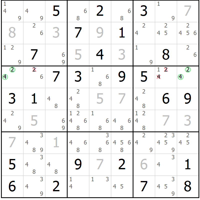 Position des candidats pour la solution de la Gr 54 page 57 du magazine de sudoku Giga sudoku niv 6-8 n° 024