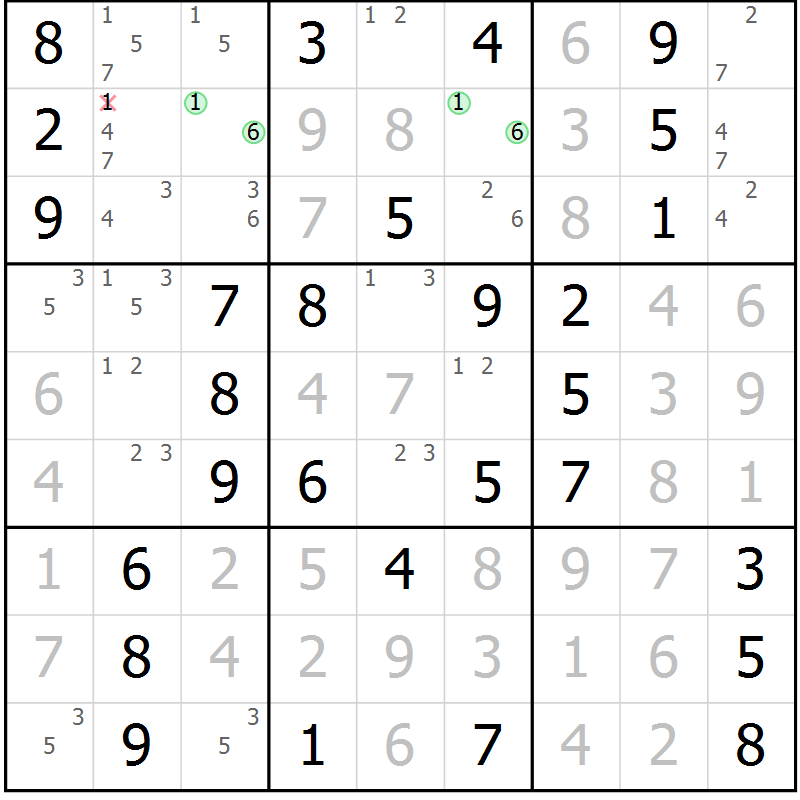 Position des candidats pour la solution de la Gr 55 page 58 du magazine de sudoku Giga sudoku niv 6-8 n° 024