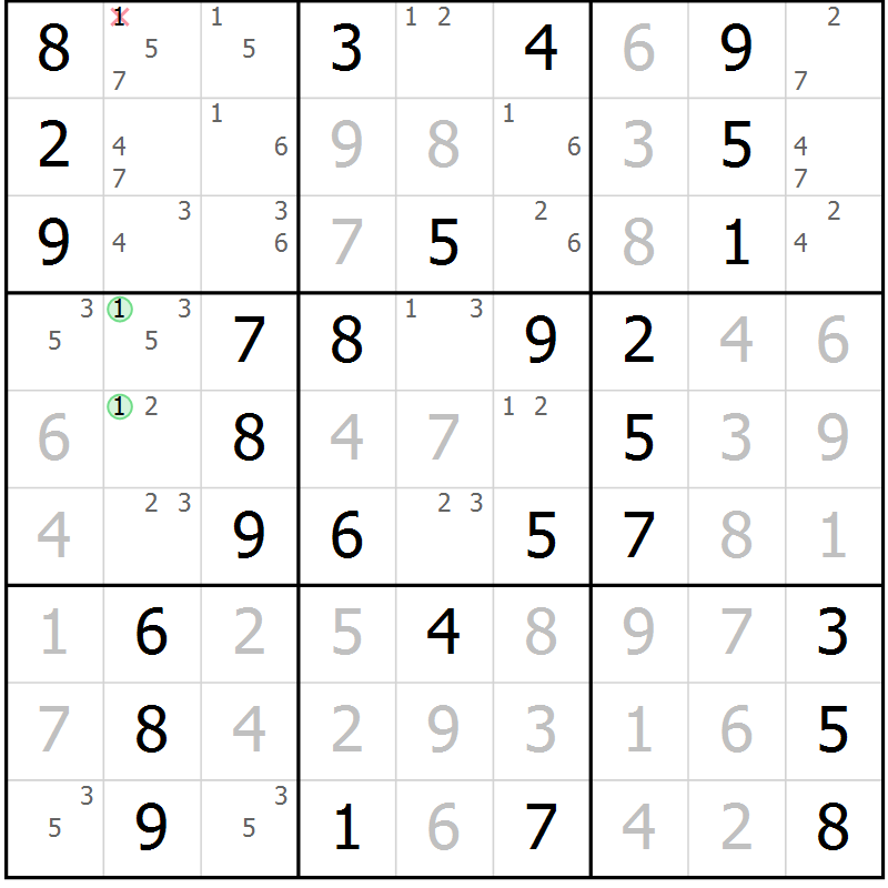 Position des candidats pour la solution de la Gr 55 page 58 du magazine de sudoku Giga sudoku niv 6-8 n° 024