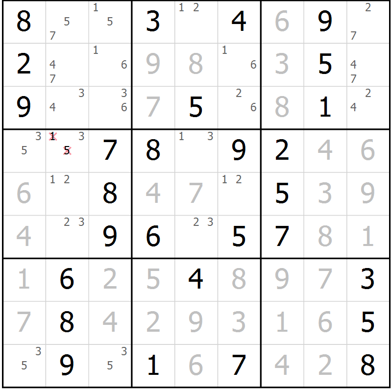 Position des candidats pour la solution de la Gr 55 page 58 du magazine de sudoku Giga sudoku niv 6-8 n° 024