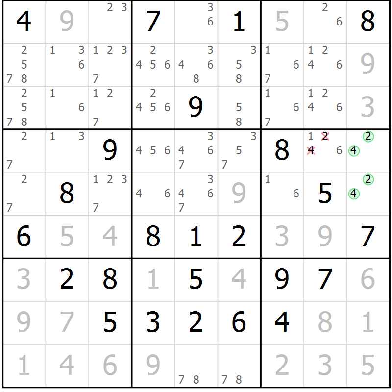 Position des candidats pour la solution de la Gr 56 page 59 du magazine de sudoku Giga sudoku niv 6-8 n° 024