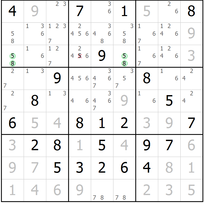 Position des candidats pour la solution de la Gr 56 page 59 du magazine de sudoku Giga sudoku niv 6-8 n° 024