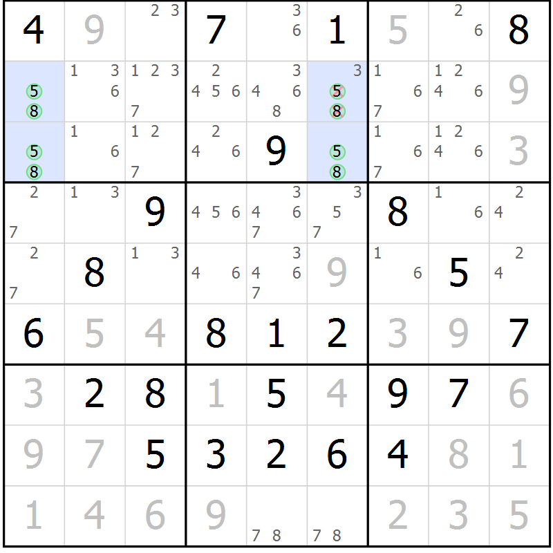 Position des candidats pour la solution de la Gr 56 page 59 du magazine de sudoku Giga sudoku niv 6-8 n° 024