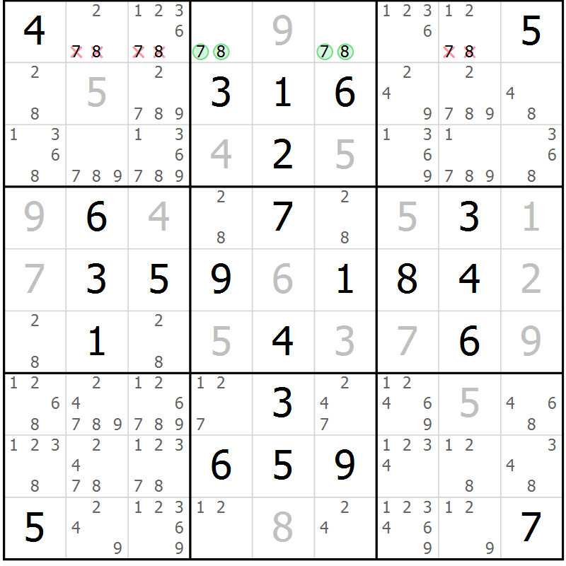 Position des candidats pour la solution de la Gr 57 page 60 du magazine de sudoku Giga sudoku niv 6-8 n° 024