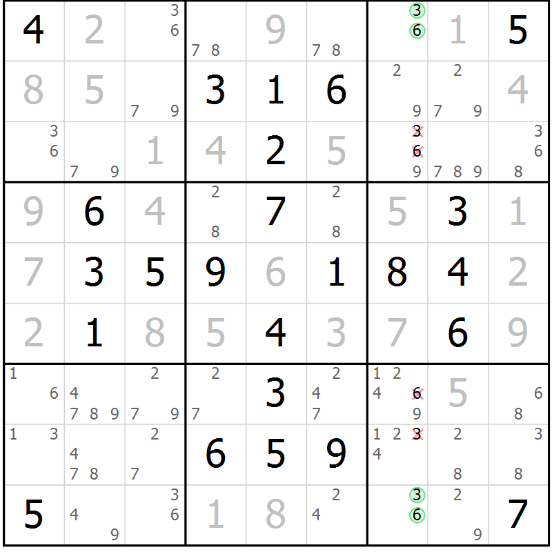 Position des candidats pour la solution de la Gr 57 page 60 du magazine de sudoku Giga sudoku niv 6-8 n° 024