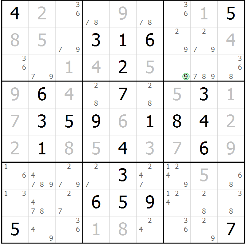 Position des candidats pour la solution de la Gr 57 page 60 du magazine de sudoku Giga sudoku niv 6-8 n° 024