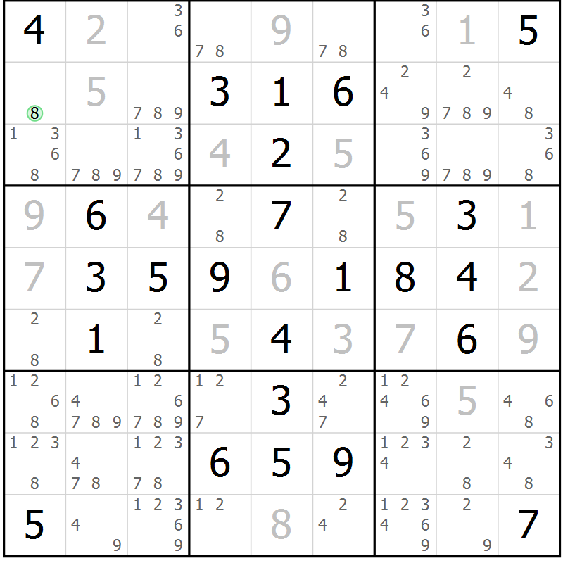 Position des candidats pour la solution de la Gr 57 page 60 du magazine de sudoku Giga sudoku niv 6-8 n° 024
