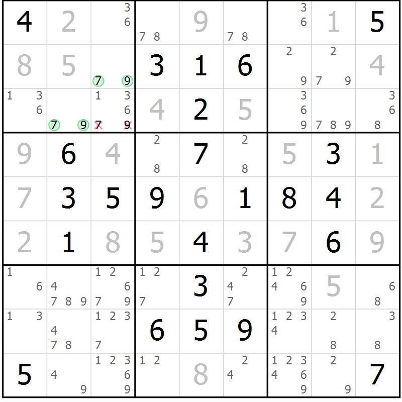 Position des candidats pour la solution de la Gr 57 page 60 du magazine de sudoku Giga sudoku niv 6-8 n° 024