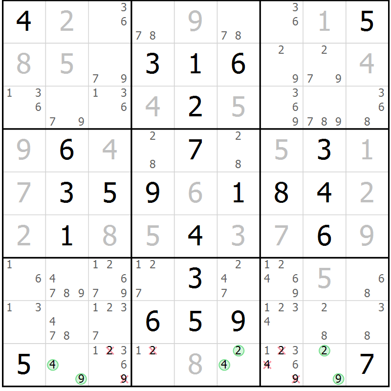 Position des candidats pour la solution de la Gr 57 page 60 du magazine de sudoku Giga sudoku niv 6-8 n° 024