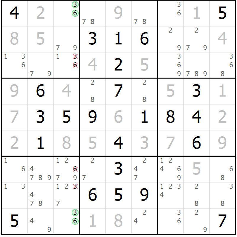 Position des candidats pour la solution de la Gr 57 page 60 du magazine de sudoku Giga sudoku niv 6-8 n° 024