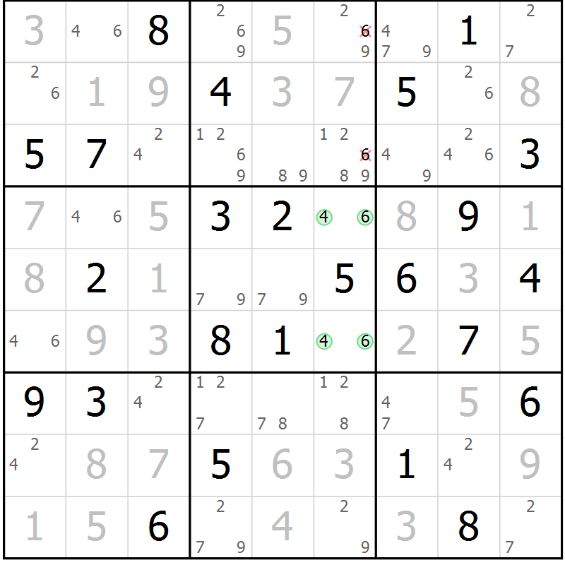 Position des candidats pour la solution de la Gr 58 page 61 du magazine de sudoku Giga sudoku niv 6-8 n° 024