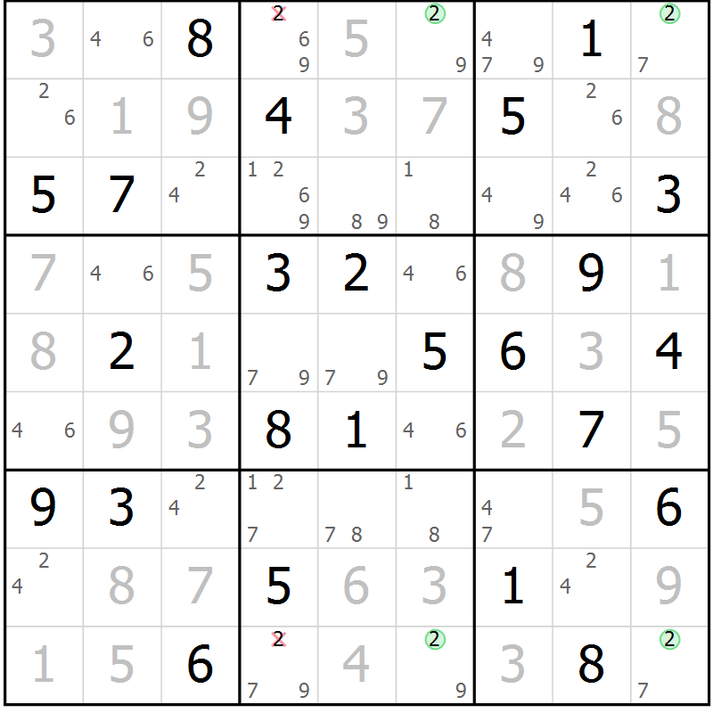 Position des candidats pour la solution de la Gr 58 page 61 du magazine de sudoku Giga sudoku niv 6-8 n° 024
