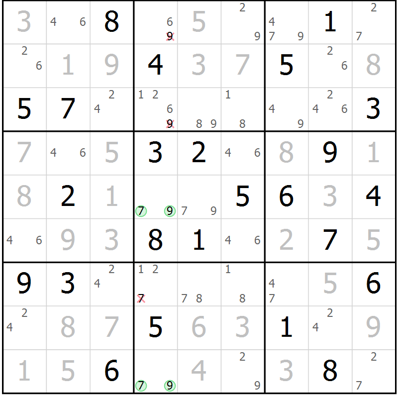 Position des candidats pour la solution de la Gr 58 page 61 du magazine de sudoku Giga sudoku niv 6-8 n° 024