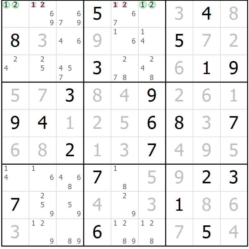 Position des candidats pour la solution de la Gr 59 page 62 du magazine de sudoku Giga sudoku niv 6-8 n° 024