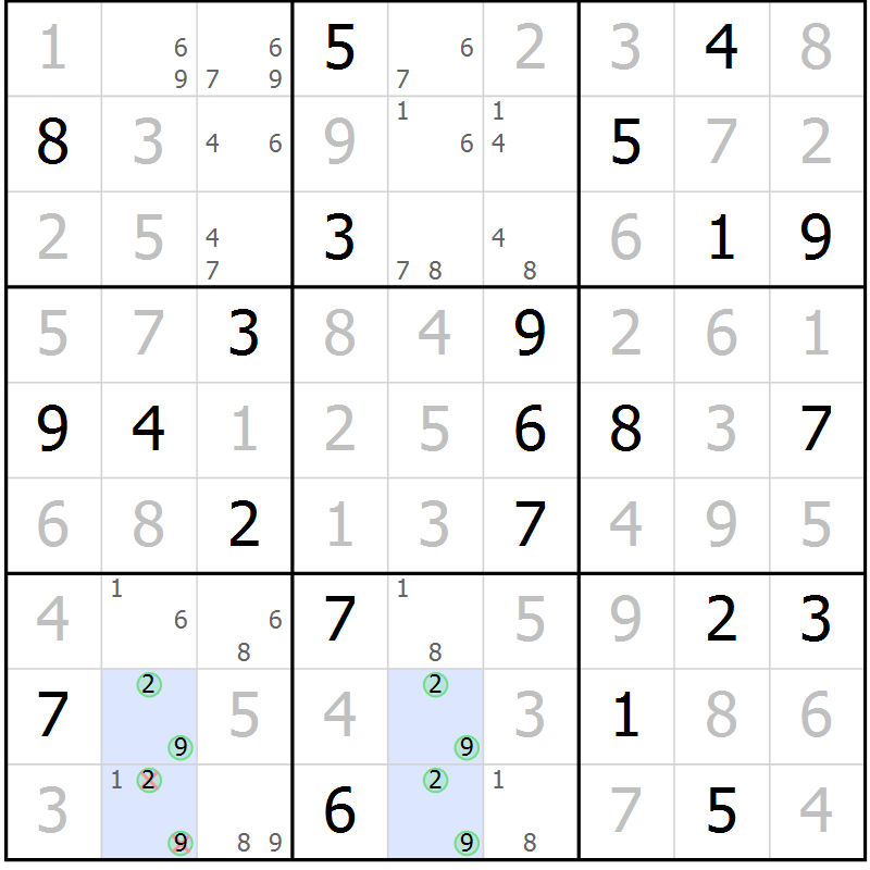 Position des candidats pour la solution de la Gr 59 page 62 du magazine de sudoku Giga sudoku niv 6-8 n° 024