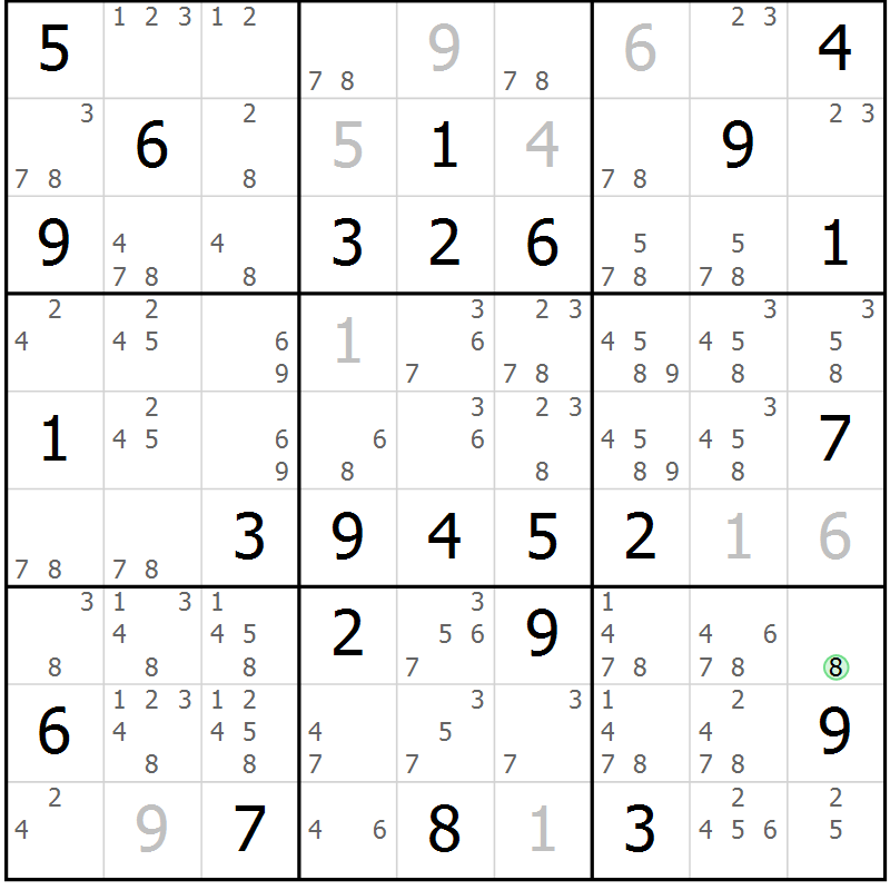 Position des candidats pour la solution de la Gr 60 page 63 du magazine de sudoku Giga sudoku niv 6-8 n° 024