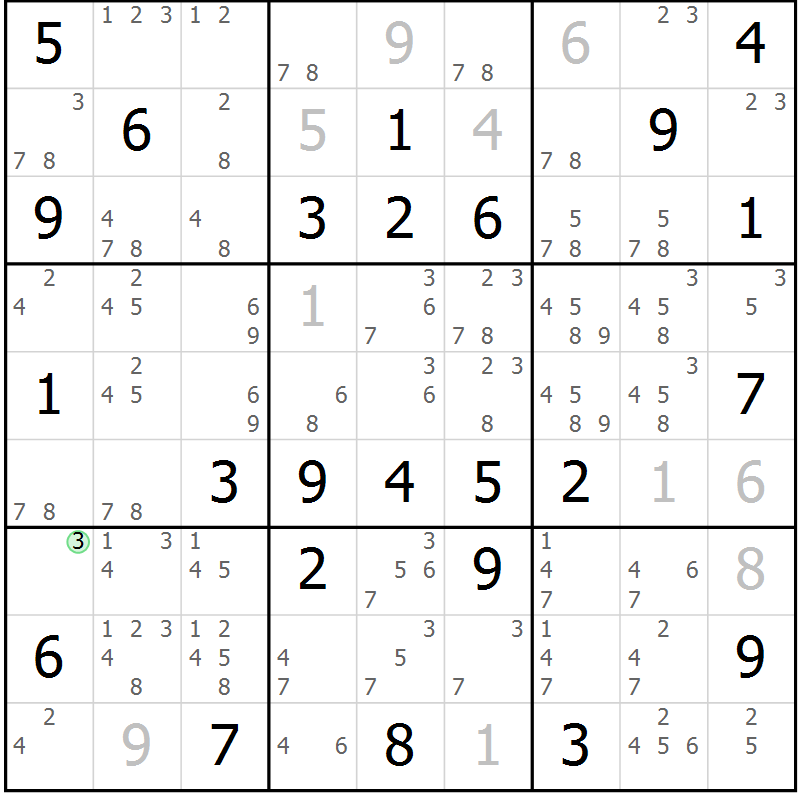 Position des candidats pour la solution de la Gr 60 page 63 du magazine de sudoku Giga sudoku niv 6-8 n° 024