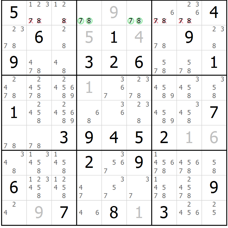 Position des candidats pour la solution de la Gr 60 page 63 du magazine de sudoku Giga sudoku niv 6-8 n° 024