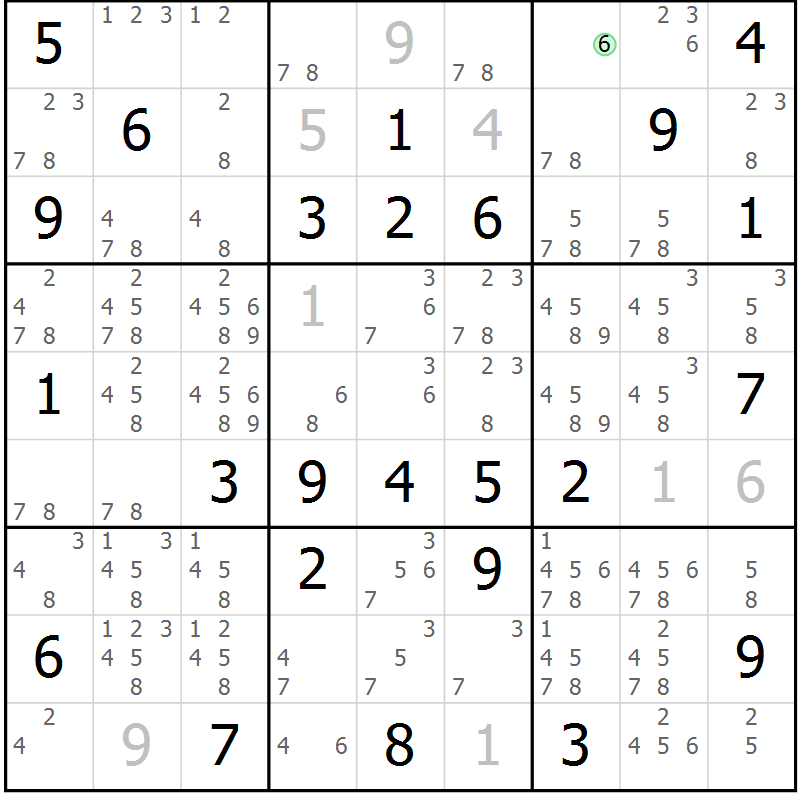 Position des candidats pour la solution de la Gr 60 page 63 du magazine de sudoku Giga sudoku niv 6-8 n° 024