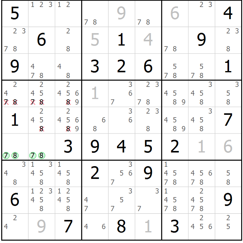 Position des candidats pour la solution de la Gr 60 page 63 du magazine de sudoku Giga sudoku niv 6-8 n° 024
