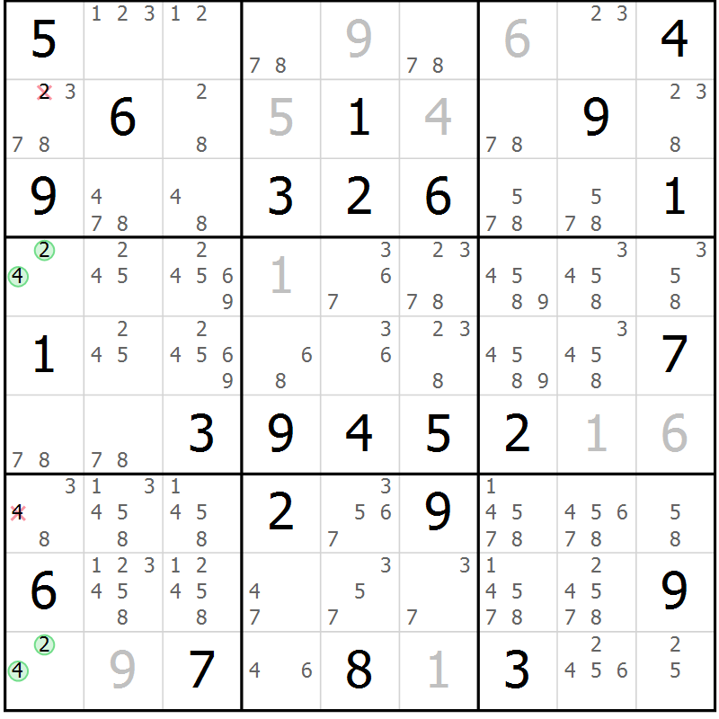Position des candidats pour la solution de la Gr 60 page 63 du magazine de sudoku Giga sudoku niv 6-8 n° 024
