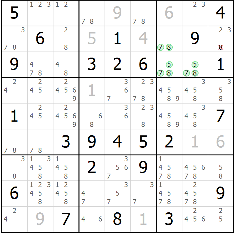Position des candidats pour la solution de la Gr 60 page 63 du magazine de sudoku Giga sudoku niv 6-8 n° 024