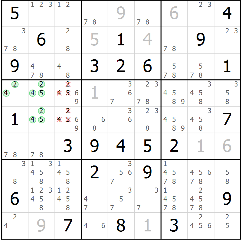Position des candidats pour la solution de la Gr 60 page 63 du magazine de sudoku Giga sudoku niv 6-8 n° 024