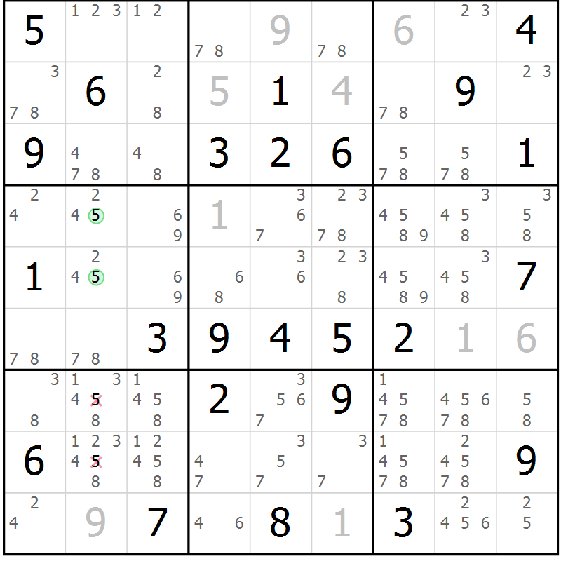 Position des candidats pour la solution de la Gr 60 page 63 du magazine de sudoku Giga sudoku niv 6-8 n° 024