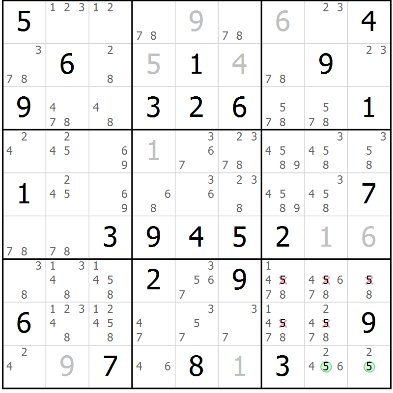 Position des candidats pour la solution de la Gr 60 page 63 du magazine de sudoku Giga sudoku niv 6-8 n° 024
