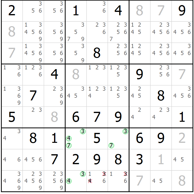 Position des candidats pour la solution de la Gr 64 page 67 du magazine de sudoku Giga sudoku niv 6-8 n° 024
