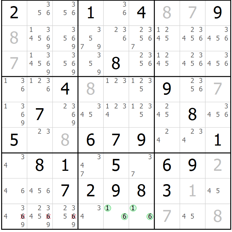 Position des candidats pour la solution de la Gr 64 page 67 du magazine de sudoku Giga sudoku niv 6-8 n° 024