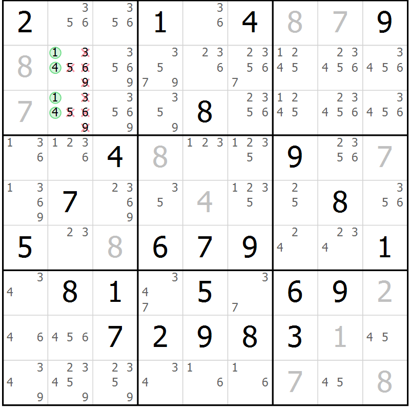 Position des candidats pour la solution de la Gr 64 page 67 du magazine de sudoku Giga sudoku niv 6-8 n° 024