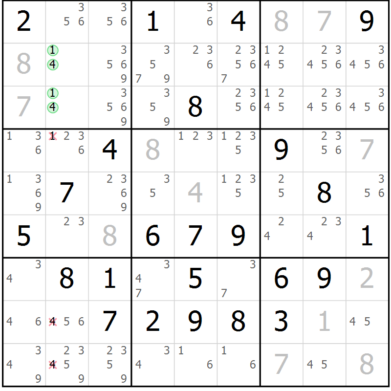 Position des candidats pour la solution de la Gr 64 page 67 du magazine de sudoku Giga sudoku niv 6-8 n° 024