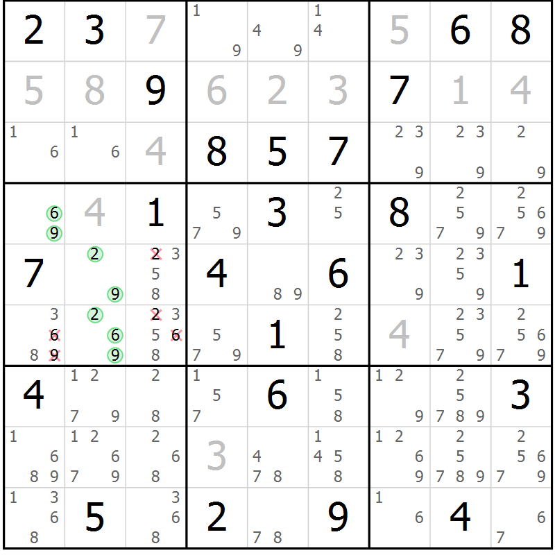 Position des candidats pour la solution de la Gr 66 page 69 du magazine de sudoku Giga sudoku niv 6-8 n° 024